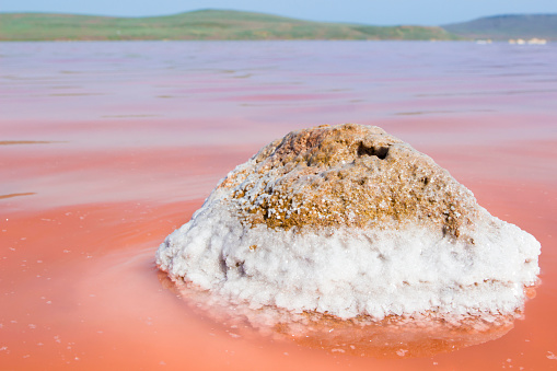 Salt crystals. Pink lake and blue sky. Beautiful view of pink lake on summer day. Crystal of mineral salt. Heap of salt.