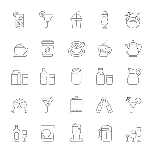 ilustraciones, imágenes clip art, dibujos animados e iconos de stock de iconos de bebidas y líneas de bebidas - wineglass symbol coffee cup cocktail