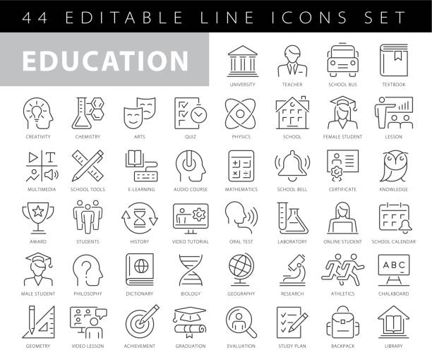 коллекция иконок линий образования и химии редактируемый штрих - education stock illustrations