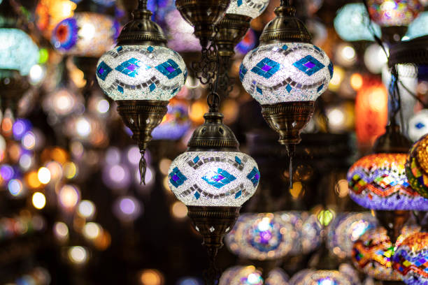 Amazing colorful traditional handmade lamps. Colored decorative lanterns with different pattern. Hanging glass lamps. grand bazaar istanbul stock pictures, royalty-free photos & images