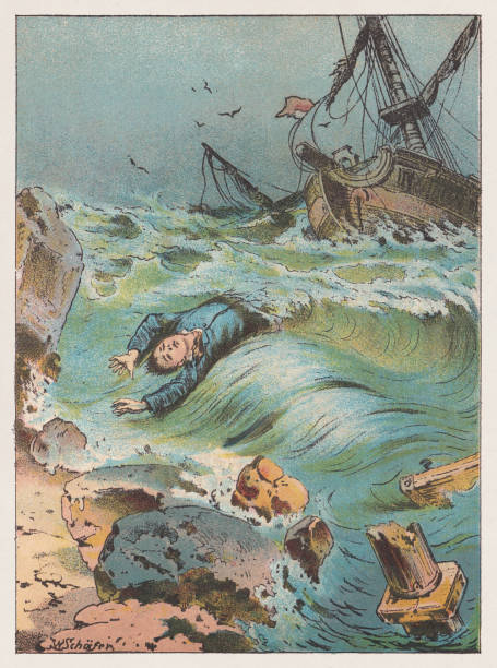 Robinson Crusoe, stranded on a desert island, chromolithograph, published 1893 Robinson Crusoe - stranded on a desert island. Chromolithograph after a drawing by Wilhelm Schäfer (German illustrator, 1839 - after 1895), published in 1893. ship wreck shore storm stock illustrations