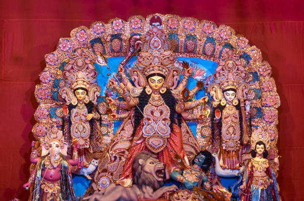 istock Idol of Goddess Durga inside a puja pandal during Durga puja 1346580114