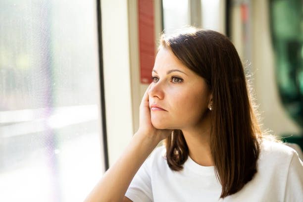 istock Bored unhappy woman sitting in tram 1346580284