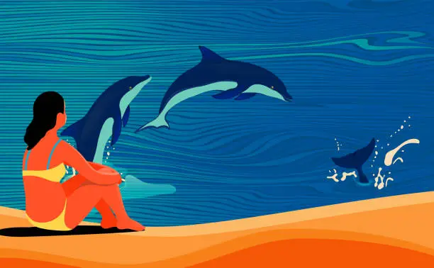 Vector illustration of The girl in bikini sat on the beach watching the dolphins jump out of the sea