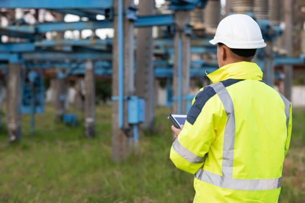 istock Electrical worker engineer a working with digital tablet, power near tower with electricity. Energy business technology industry concept. Electrical engineer studying reading on tablet 1346581574
