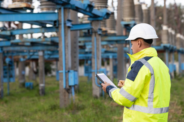istock Electrical worker engineer working with digital tablet near tower with electricity. Energy business technology industry concept. Electrical engineer studying reading on tablet 1346581607