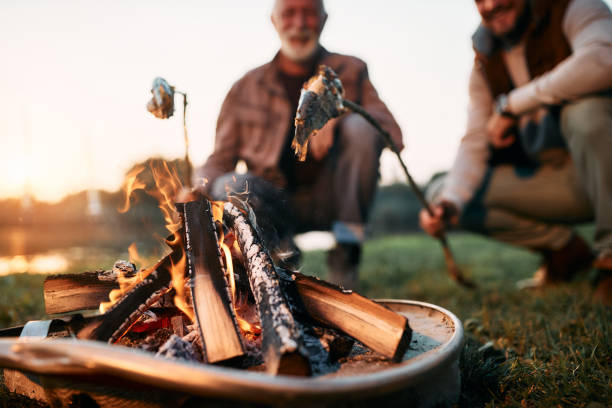 Close-up of father and son preparing fish over campfire while camping in nature.