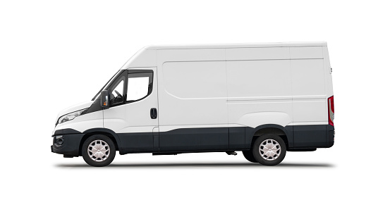 Side view of the large white delivery van with free copy space for advertising, isolated on white background, image includes a clipping path for out- and inside