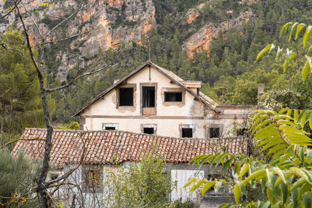 Abandoned houses in a forest, with mountains in the background.