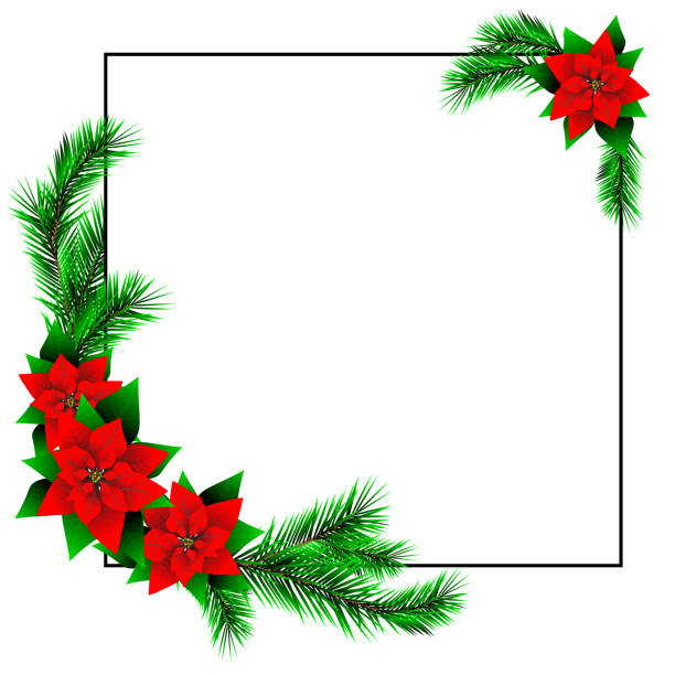 크리스마스 프레임, 포인세티아, 크리스마스 트리, 흰색 배경에 고립. - wreath christmas red bow stock illustrations