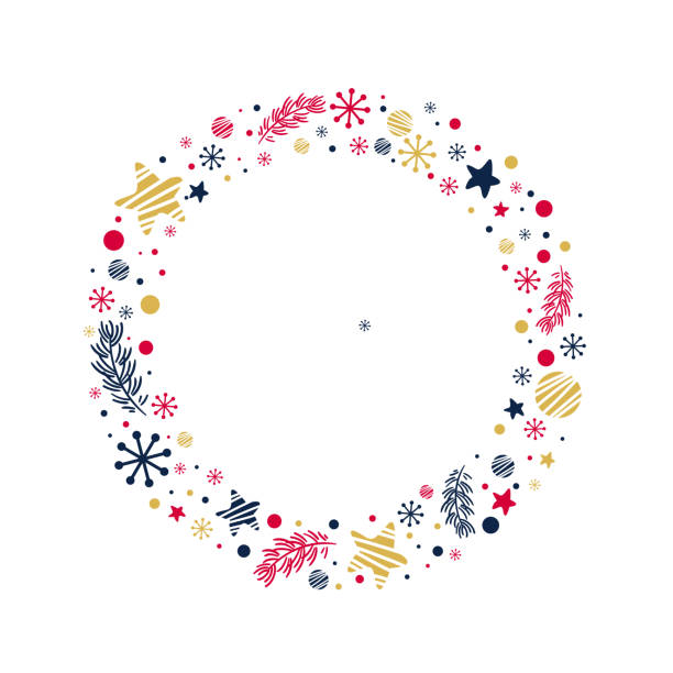 Circle frame with stars, snowflakes, confetti, spruce branch vector art illustration