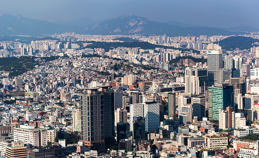 Panoramic view of Seoul with modern architecture, business centre, skyscrapers, buildings and city districts, Namsan mountain in Seoul, South Korea