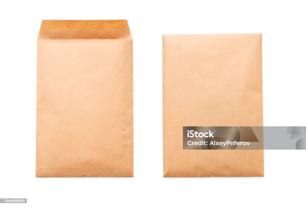 Two sides of brown paper envelope A4 size, top view, isolated on white Envelope Stock Photo