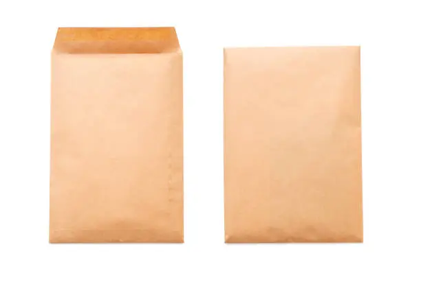 Two sides of brown paper envelope A4 size, top view, isolated on white