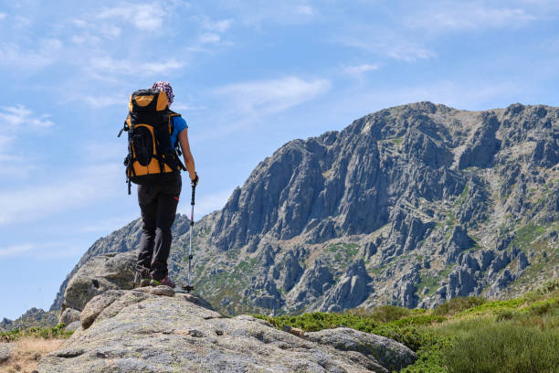 Rear view of a woman with backpack and poles looking at the mountain in front of her. stock photo