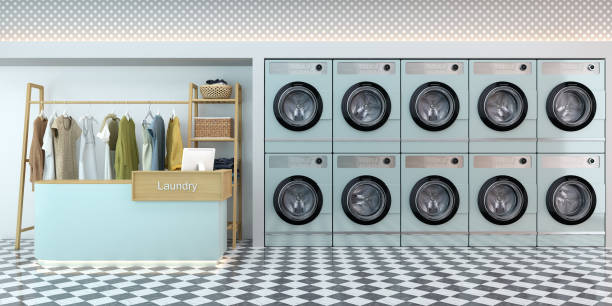 카운터와 세탁기.3d, 렌더링이 있는 세탁소 인테리어 - 빨래방 뉴스 사진 이미지