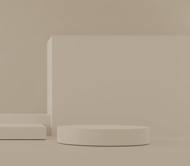istock Cosmetic podium product minimal scene with platform beige background 3d render. Display stand for pastel white color mock up. stand show beauty  backdrop on pedestal. Simple Cylinder pastel design 1346590508