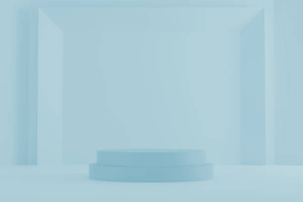 istock Cosmetic podium product minimal scene with platform teal background 3d render. Display stand for pastel blue mint green color mock up. Show beauty backdrop on pedestal. Simple Cylinder Sweet design 1346590512