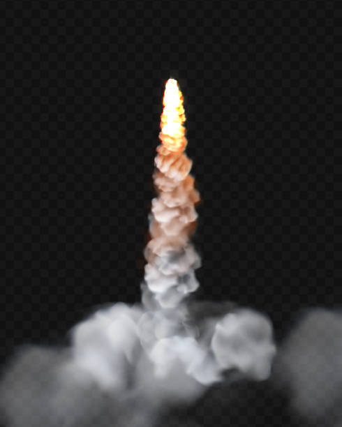 ロケット火災と煙の軌跡、ベクトル現実的な宇宙船の起動要素。宇宙ロケット発射または起動ジェット火災炎、飛行機シャトルコントレイル、透明な背景上の孤立した要素 - 撃つ点のイラスト素材／クリップアート素材／マンガ素材／アイコン素材