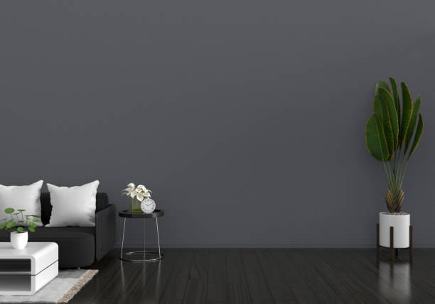 istock Black sofa in living room with free space for mockup,3D rendering 1346594442