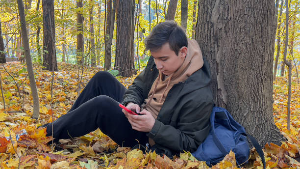 подросток общается на смартфоне, сидя у дерева в осеннем лесу. - teenager problems typing teenagers only стоковые фото и изображения