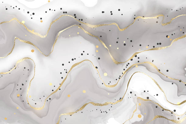 istock Abstract luxury liquid marble grey background with gold splatters. Golden marbled wave watercolor splash effect backdrop. Vector illustration of design template for wedding invitation 1346596085