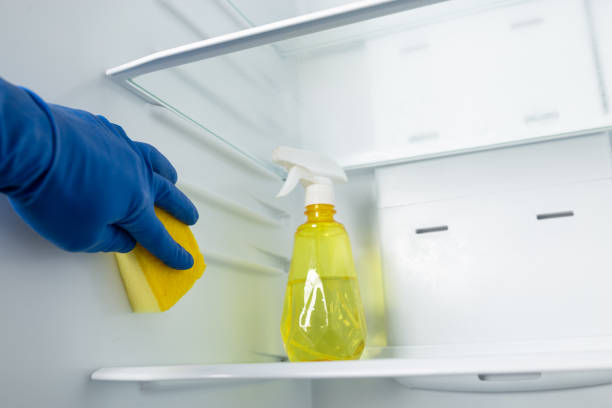 istock Cleaning refrigerator inside. Housekeeping work. Wash away bad odor from refrigerator. 1346596264