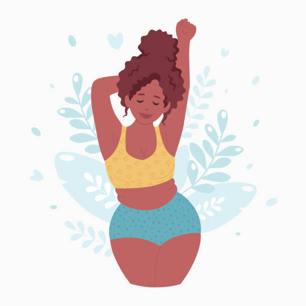 ilustrações, clipart, desenhos animados e ícones de ame seu corpo, corpo positivo, conceito de diversidade de beleza. mulher negra atraente acima do peso em underware. ilustração vetorial - modelo plus size