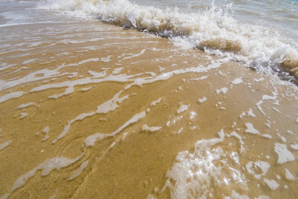 Close Up Shot of Waves Rolling Up White Sand Beach