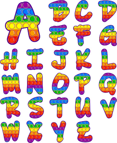 Pop it font design - alphabet. Bubble touch letters Simple Dimple . Isolated vector illustration on a white background.
