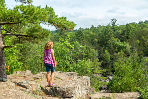 Girl Standing On Rocky Overlook at State Park stock photo