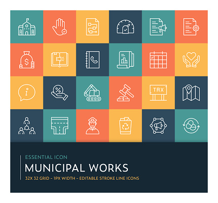 Vector Style Municipal Works Editable Stroke Line Icons on Trendy Colorful Background