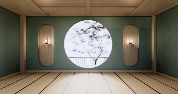 istock Circle shelf wall design, mint empty  room japanese deisgn, tatami mat floor. 3D rendering 1346607448