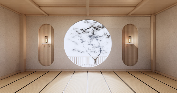Diseño de pared de estante circular en sala de estar vacía deisgn japonés con piso de tatami mat. Renderizado 3D photo
