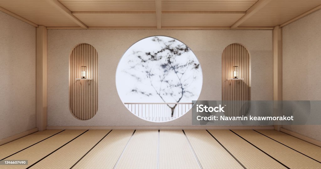 Circle shelf wall design on empty  Living room japanese deisgn with tatami mat floor. 3D rendering Japanese Culture Stock Photo