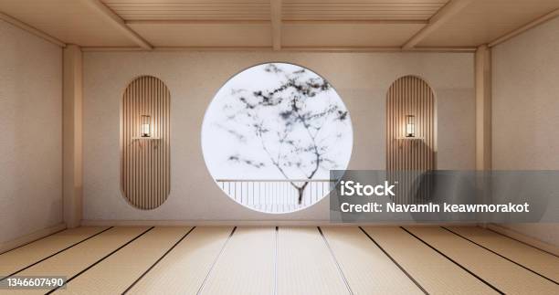 Circle Shelf Wall Design On Empty Living Room Japanese Deisgn With Tatami Mat Floor 3d Rendering Stock Photo - Download Image Now
