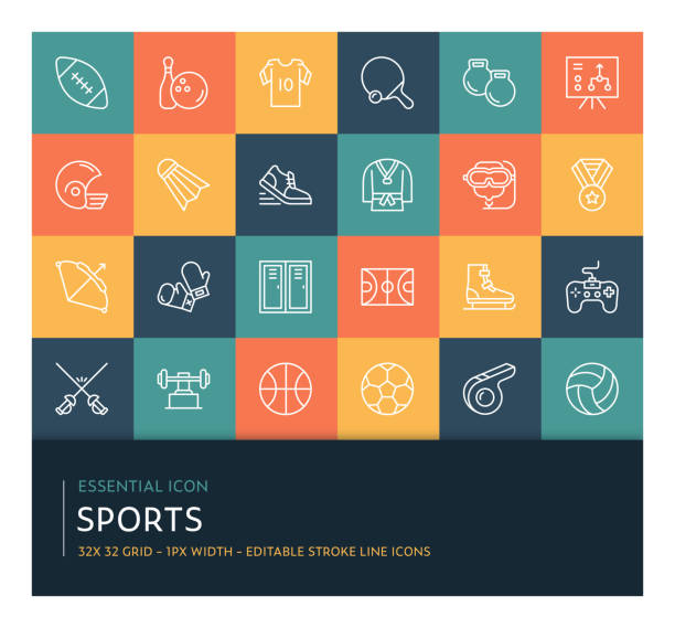 Sports Editable Stroke Line Icon Collection Vector Style Sports Editable Stroke Line Icons on Trendy Colorful Background football locker room stock illustrations