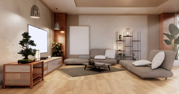 modernes japanisches wohnzimmer interieur, sofa und schranktisch auf raum weißen wandhintergrund.3d rendering - tatami matte stock-fotos und bilder