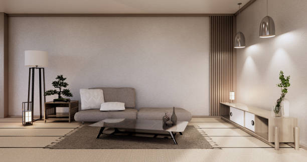 istock Modern japanese living room interior, sofa and cabinet table on room white wall background.3D rendering 1346607968