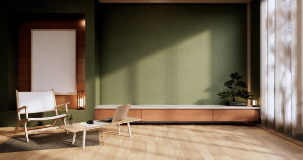 istock Interior Mock up, Minimal green Living room japanese style.3D rendering 1346607969