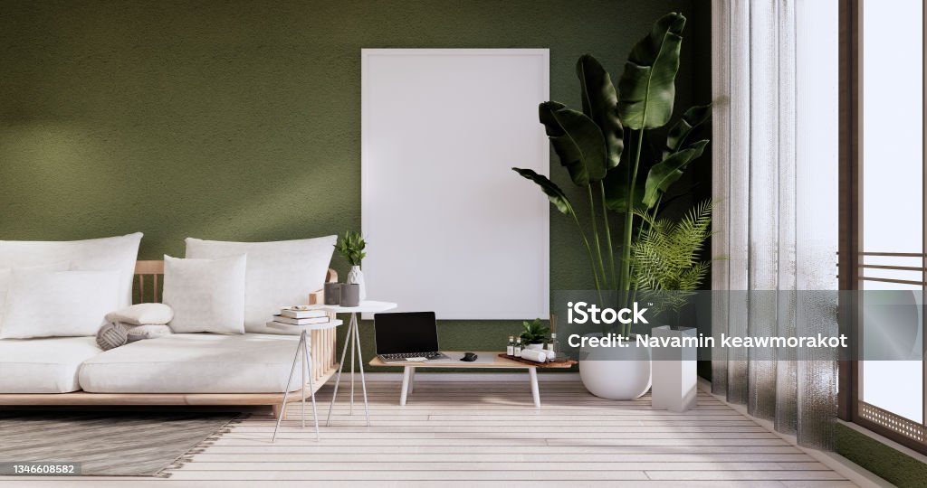 Minimalist interior ,Sofa furniture and plants, Modern green room design.3D rendering Apartment Stock Photo
