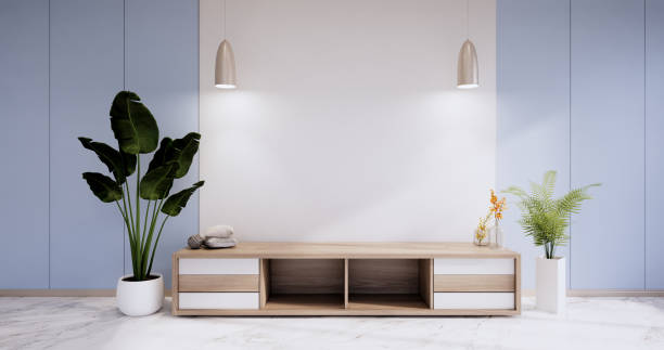 das cabinet mock up auf modernem raum blaues design interieur und gelber sessel.3d rendering - sideboard stock-fotos und bilder