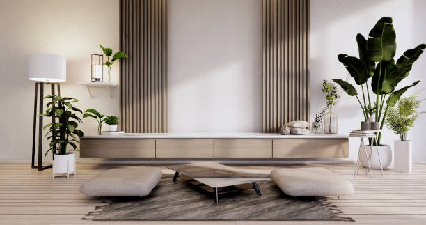 istock Modern japanese living room interior, mini sofa and cabinet table on room white wall background.3D rendering 1346608770