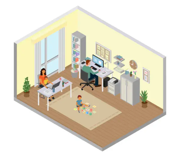 Vector illustration of Family with Children Working from Home Isometric Perspective