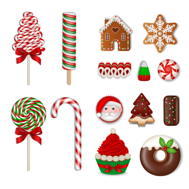 Set Of Christmas Sweets Isolated Lollipops Candies Chocolates Cookies And  Cakes Stock Illustration - Download Image Now - iStock