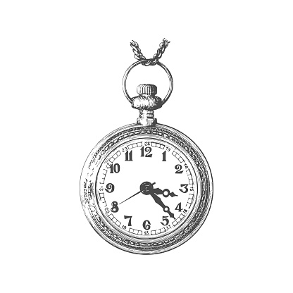 istock Old pocket watch with chain, hand drawn vector illustration. Sketch in engraved style on white background. Vintage image. 1346609924