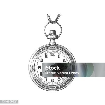 istock Old pocket watch with chain, hand drawn vector illustration. Sketch in engraved style on white background. Vintage image. 1346609924