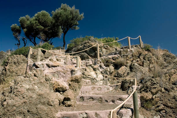 istock Blue sky with stone stairs and rocks. 1346610435