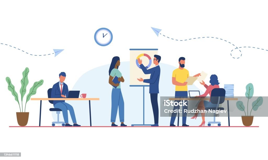 Scene with business people working in the office Scene with business people working in the office. Minimal co-working space. Group of working office employees. Concept of team project, brainstorm, teamwork process. Flat cartoon vector illustration Office stock vector