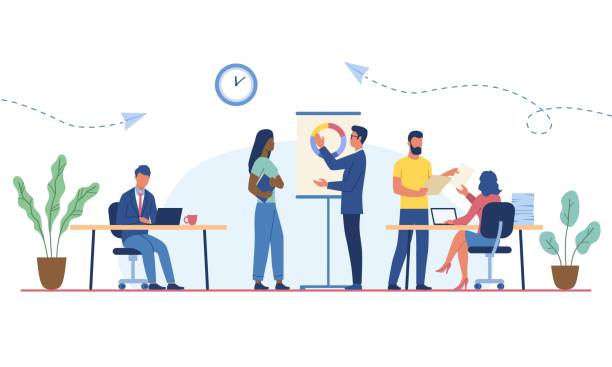 Scene with business people working in the office Scene with business people working in the office. Minimal co-working space. Group of working office employees. Concept of team project, brainstorm, teamwork process. Flat cartoon vector illustration marketing illustrations stock illustrations